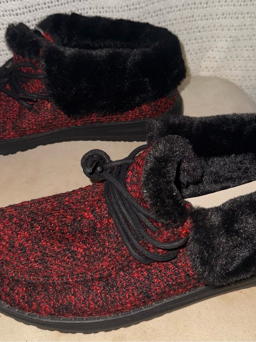 Hey Dude Red and Black Women's Fuzzy Lined Slippers